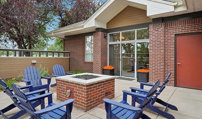 Access to resident only amenities outdoor seating area with chairs and fire pit