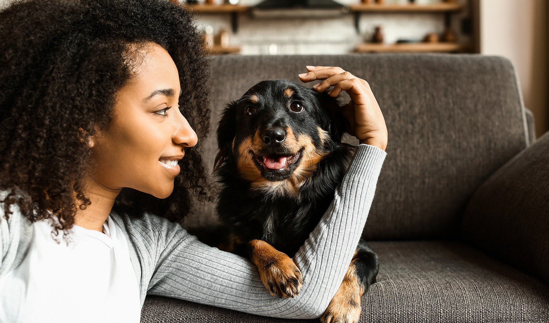 a person sitting next to a dog on a couch